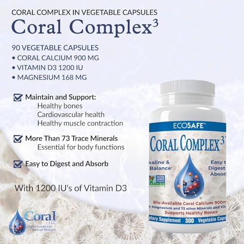 Coral Complex 3 Calcium Supplement Vitamin D3 & Magnesium – 900 mg Bioavailable Coral Calcium for Bone Strength, Joint Support & pH Balance – Trace Minerals, Non-GMO, 300 Veg Capsules
