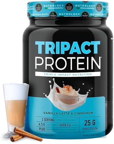 TRIPACT Protein Powder Vanilla Latte Cinnamon - 40 Servings | 7-in-1 Meal Replacement, Grass Fed Whey Protein, Pea Protein, Rice Protein, Greens Blend, Recovery Support