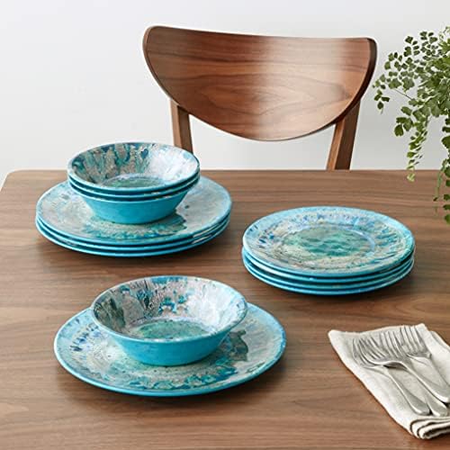 Radiance Teal 12pc Melamine Dinnerware Set – Service for 4 Plates and Bowls Set, Outdoor Dinnerware, Coastal Dishes, Unbreakable, Dishwasher Safe