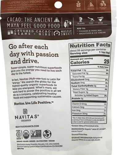 Navitas Organics Cacao Nibs – Unsweetened Dark Chocolate Crunch – Antioxidants, Minerals, Fiber – For Trail Mix, Baking & More – USDA Organic, Fairtrade, Non GMO, Gluten Free, Non-alkalized (8oz. Bag 76 Servings)