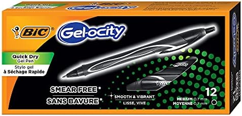 BIC Gelocity Quick Dry Black Gel Pens, Medium Point, 0.7 mm, 12-Count | Quick Dry Ink Resists Smearing | Full-Length Comfort Grip | Ideal for Students and Teachers | 12 Pens in Pack