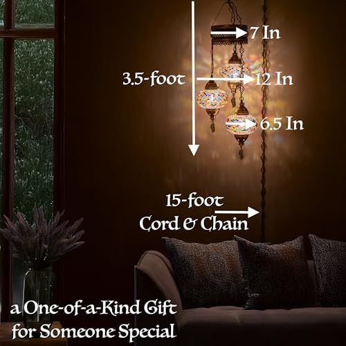 DEMMEX 3-Large 7'' Globes Turkish Moroccan Mosaic Plug-in Chandelier - Handmade Pendant Light Fixture with 15-ft Cord & Chain