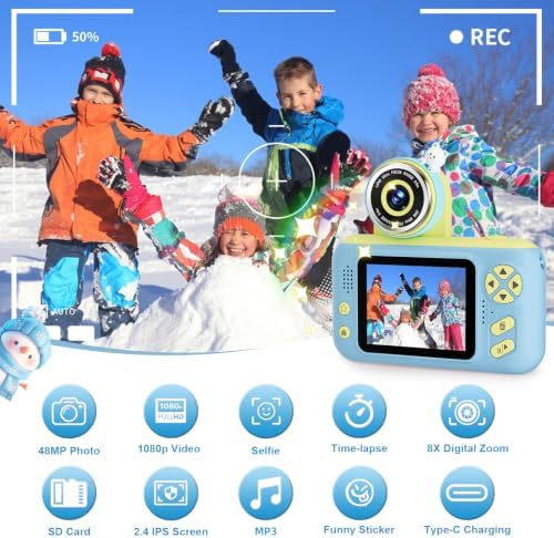 Makolle Camera for Kids, Portable Travel Camera for Childrens Age 3-8, Blue | Flip Up Lens, Drop Proof, With Tripod, Long Battery Life, SD Card Included, Birthday Gifts for Boys and Girls Age 3-12