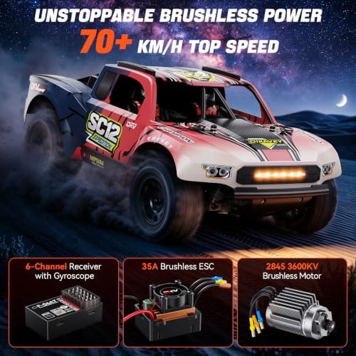 1/12 Brushless Remote Control Car RTR, 42MPH (70+Km/H 4WD Rc Short-Course Truck, Amateur-Level Rc Drift Car, Equipped with 3s 2200 Mah Battery, All-Terrain Tires, Suitable for Adults-RED