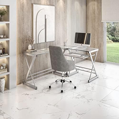 Techni Mobili L Shaped Desk with Keyboard Tray & Tempered Glass Desktop | Home Office, Corner Desk, Work From Home, Professional