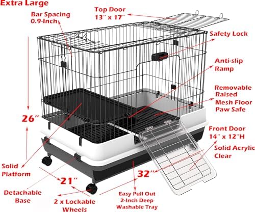 Mcage Extra Large Cage for Guinea Pig, Black, 32"L x 21"W x 28"H, Roomy, Easy to Clean, Anti-slip Step Ramp, Safety Lockable Casters, No Tools Needed