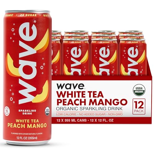 WAVE Organic Sparkling Drink, Soda Alternative, White Tea Peach Mango | No Added Sugar, Low Calorie, No Artificial Sweeteners, Coconut Water