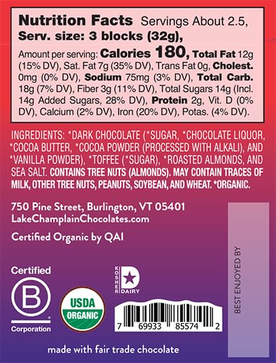 Lake Champlain Organic Dark Chocolate Almonds & Sea Salt Candy Bar, 3 Ounces (12 Pack)