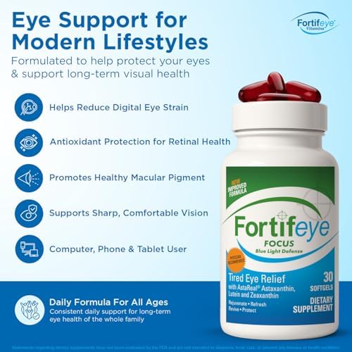 Fortifeye Focus Eye Care Supplement 30 Softgel Capsules - Triple Carotenoid Including Astaxanthin, Lutein, and Zeaxanthin Supplements, Eye Vitamins, Supports Eyes Fatigue and Blue Light Protection