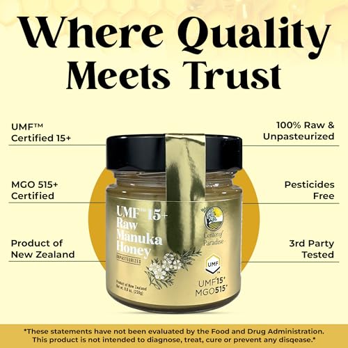 Center of Paradise Raw Manuka Honey Certified UMF 15+ | MGO 515+ (250g / 8.8oz) Glass Jar - Pure & Natural New Zealand Honey for Daily Immune
