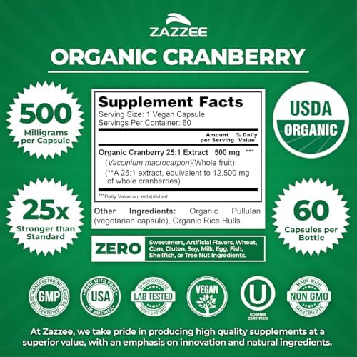 Zazzee USDA Organic Cranberry 25:1 Extract, 500mg per Capsule, 100 Capsules | Vegan, 3+ Month Supply, Certified Kosher, Vaccinium Macrocarpon, Non-GMO, Made in the USA