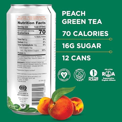 Steaz - Organic Green Tea - Peach (12 Pack) - 30mg Natural Caffeine, 70 Calories,Cane Sugar - Sweetened Iced Tea - Regenerative Organic Certified®️ - Vegan, Direct Trade - 12 Cans, 16 fl oz