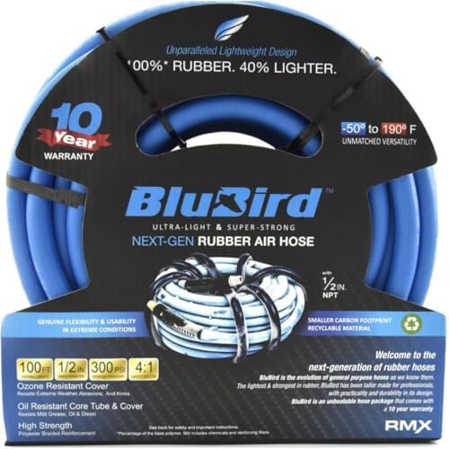 BLUBIRD BB1250 1/2" x 50' Rubber Air Hose, 100% Rubber, Lightest, Strongest, Most Flexible, 300 PSI, 50F to 190F Degrees, Ozone Resistant, High Strength Polyester Braided