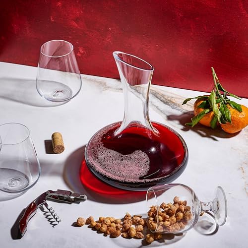 Large Elegant Red Wine Decanter with Aerator Pourer, 1600ml. - Hand Blown Lead-Free Crystal Glass Carafe for Cabernet, Merlot, Home Bar Accessory