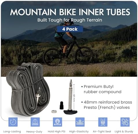 VeloTubes Mountain Bike Inner Tubes - 4 Pack-Select Your Size (26", 27.5", 29"), Presta Valve, Mountain Bicycle Tubes