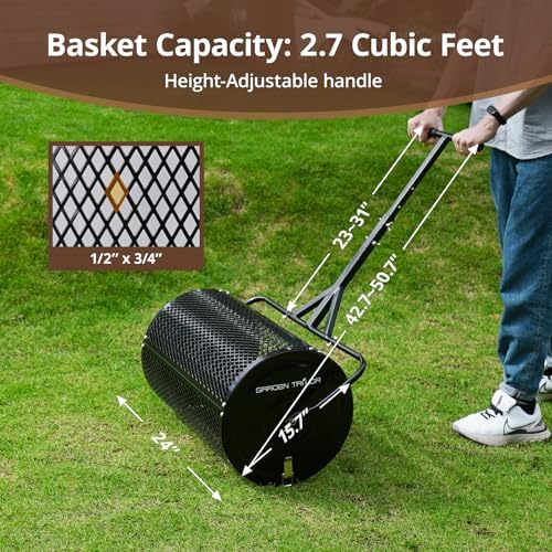 Compost Spreader 24 Inch Peat Moss Spreader with Installation Support Accessories, Metal Mesh Roller Lawn Spreader for Top Soil, Manure, Mulch, Top Dressing - Garden spreaders for lawns