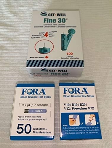 GET WELL Fine 30g Universal Twist Lancets 100 Ct. - Made in Canada ! & Fora V10/D10/D20/V12/Premium V12 Blood Glucose Test Strips 100 Ct. (EXP