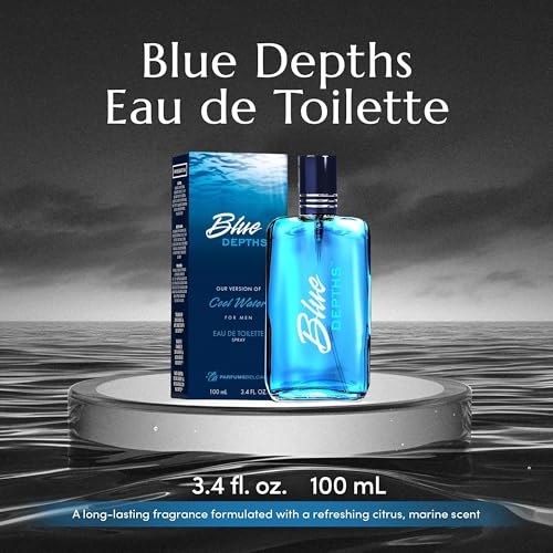 PB ParfumsBelcam Blue Depths Eau de Toilette Fragrance Spray - 3.4 Fl Oz. Fresh Aquatic Cologne for Men with Crisp Citrus, Warm Musk & Amber Scent