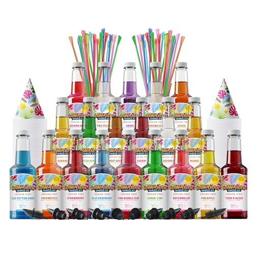 Hawaiian Shaved Ice Party Kit with 20 Syrup Flavors in 16oz. Bottles, 200 Snow Cone Cups, 200 Spoon Straws