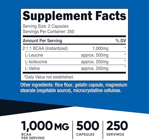 Nutricost BCAA 1000mg, 500 Capsules, 2:1:1 Branched Chain Amino Acids | 250 Servings, 500mg L-Leucine, 250mg L-Isoleucine, 250mg L-Valine