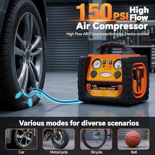 Portable Jump Starter with Air Compressor, FlyAuto 2200A Battery Booster for Cars, Trucks & SUVs, Up to 8.5L Gas & 8.0L Diesel, 150PSI Tire Inflator