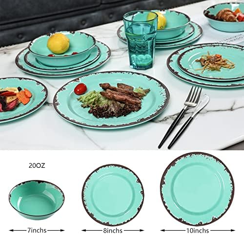 Rustic Melamine Dinnerware Set,12-Piece Plates and Bowls Sets,Yinshine Unbreakable Melamine Dish Set,Lightweight,Service for 4,Dishwasher Safe,Green