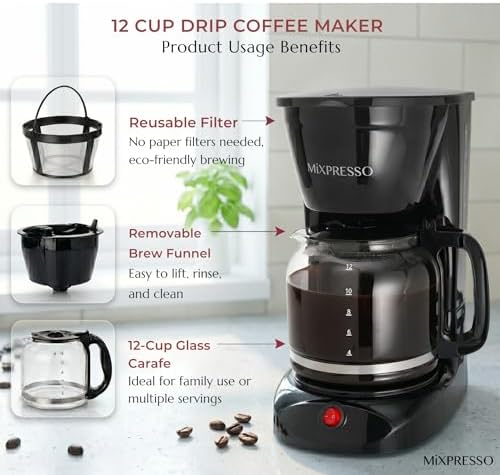 Mixpresso 5 Cup Drip Coffee Maker, Coffee Pot with Reusable Filter, Black | Glass Carafe Coffee Machine with Auto-Off, Anti-Drip, Water Window and Easy On/Off Switch for Convenient Everyday Brewing