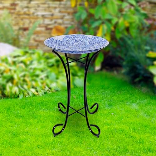 Alpine Corporation 24" Tall Outdoor Floral Mosaic Glass Birdbath with Metal Stand and Detachable 18 Inch Diameter Bowl, Garden Decor