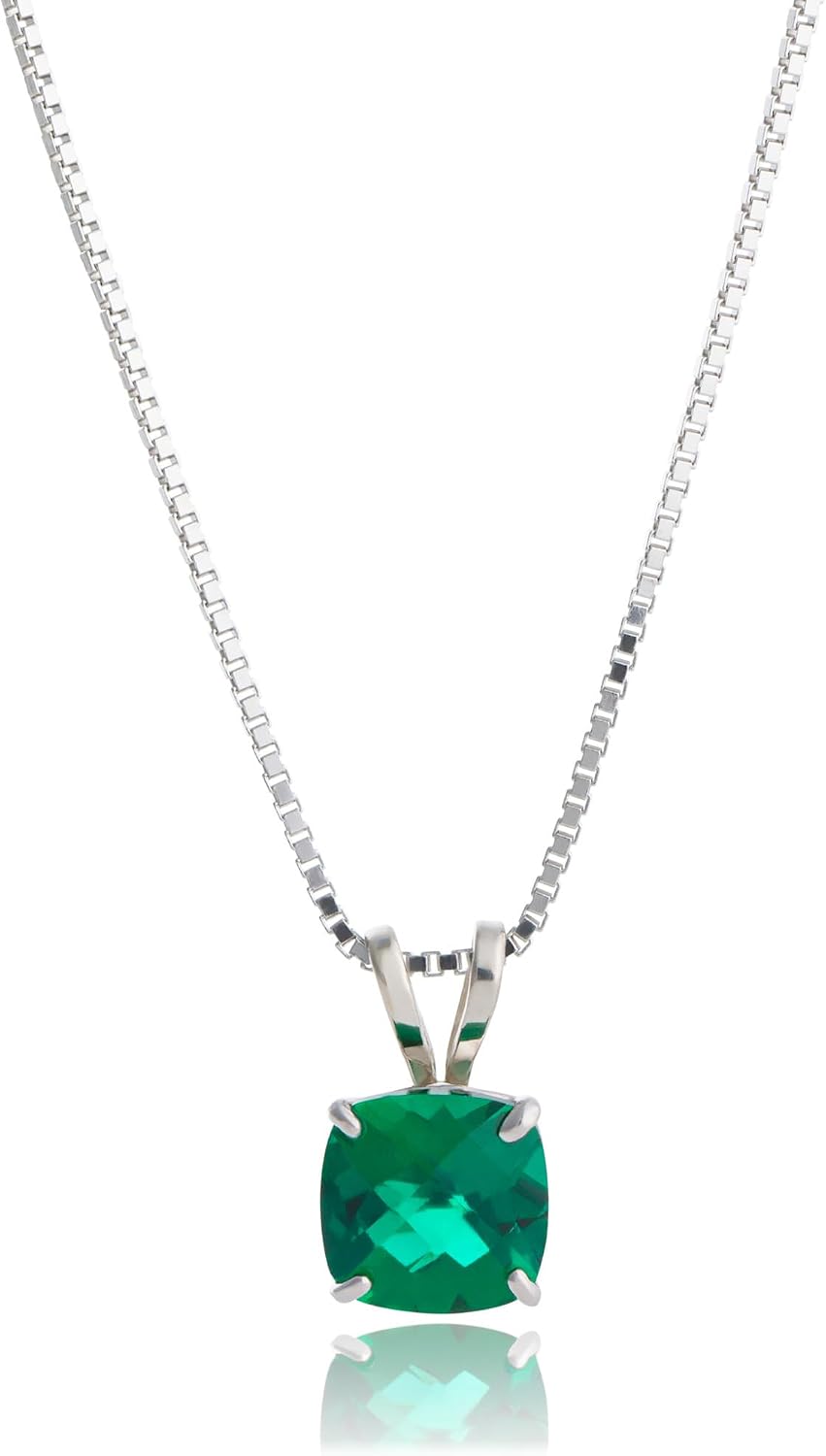 MAX + STONE 925 Sterling Silver Cushion Cut Birthstone Necklace for Women | 6mm Hypoallergenic Solitaire Necklace | Gemstone Pendant Necklaces with 18 inch Box Chain
