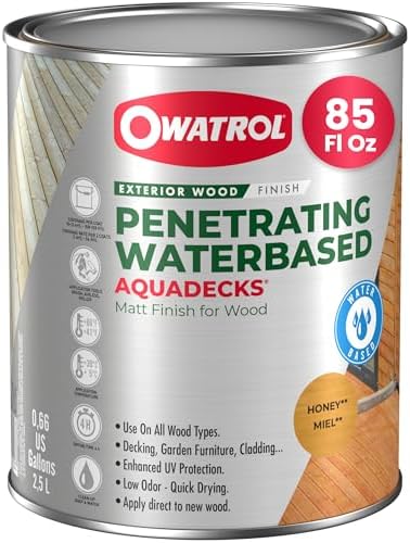 OWATROL Aquadecks, Wood Stain and Sealer, Matt Finish, 85 Oz, Teak | Protects Wood from UV & Moisture, Wood Stain & Sealer for Decks, Fences & Furniture, Water-Based, Won't Peel or Flake, Matt