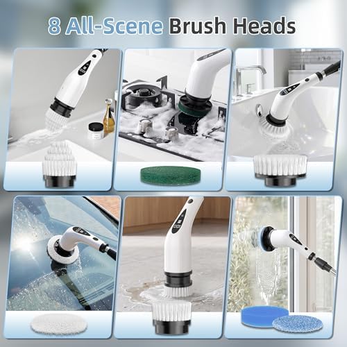 Electric Spin Scrubber, 3-Speed Flat End Brush with 8 Brush Heads & Base, IPX7 Waterproof, Adjustable Long Handle, Digital Display, 2500mAh Fast Charging, for Bathroom, Tub, Tile, Floor