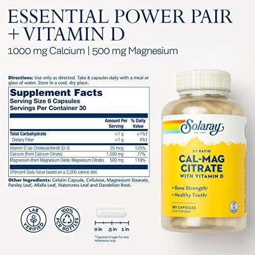 SOLARAY Calcium Magnesium Citrate 2:1 with Vitamin D3, 180 Capsules | Bone