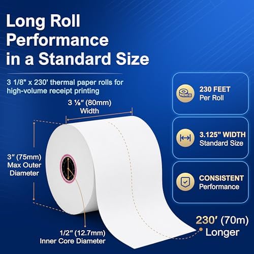 3 1/8 x 230 Thermal POS Rolls for Epson Printers, BPA Free Thermal Printing Compatible with TM-T88 TM-T70 TM-T80 TM-T85 TM-H6000 T90 Series