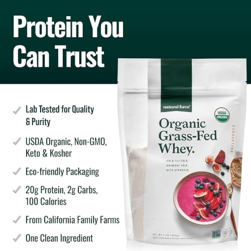 Natural Force Grass Fed Organic Whey Protein Powder – Non GMO Verified, Humane Certified & Lab Tested for Toxins – Real Vanilla Flavor – Keto Friendly, Low Carb, and Kosher - 16 Ounce A2 Protein