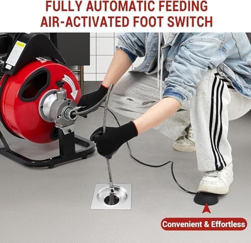 100 ft x 1/2 Inch Auto-Feed Drain Cleaner Machine, 370W Portable Sewer Snake Auger with 8 Interchangeable Cutters & Foot Pedal
