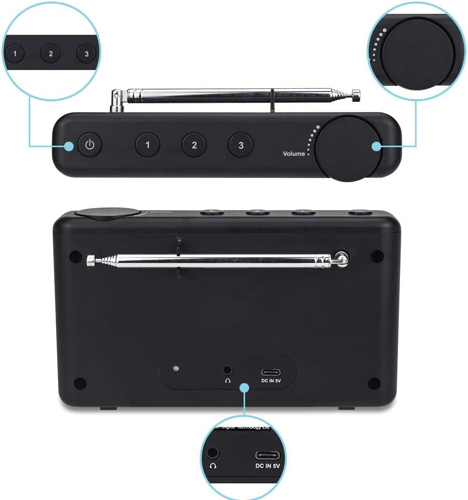Ocean Digital WR-23F Portable FM Internet Radio 2.4” Color LCD Built-in Battery Wi-Fi Bluetooth (Black)