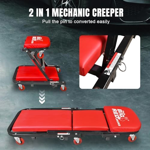BIG RED Rolling Garage/Shop Creeper: 2-Piece, 36" Padded Mechanic Cart with Headrest and 6 Casters, Red,AR7565B,Torin