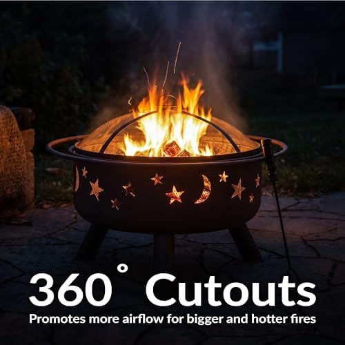 Sunnydaze Cosmic 30" Fire Pit with Cooking Grate for Outside, Wood Burning | Bronze, Heavy Duty Steel Metal, Includes Spark Screen & Poker, Round Outside Firepit for Patio, Deck, Backyard BBQ, Bonfire