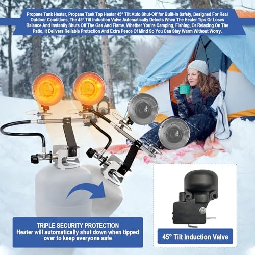 30000 BTU Propane Heater Outdoor, Propane Tank Heater Attachment Double Tank Top Radiant Gas Heater With Tip-Over Protection, 3 Heat Settings, Safety Shut-Off Valve for Patio,Camp,Fish,Garage.