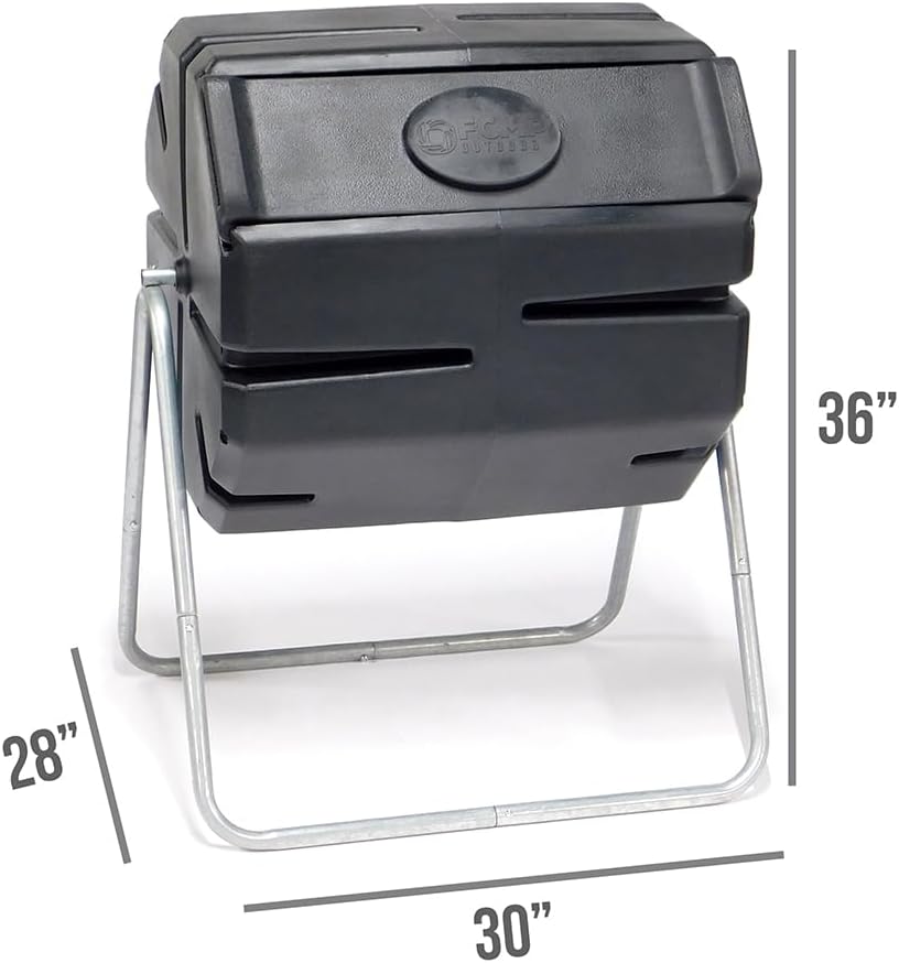 FCMP Outdoor 37 Gallon 1 Piece Plastic Single Chamber Roto Tumbling Composter Outdoor Elevated Rotating Garden Compost Bin, Black