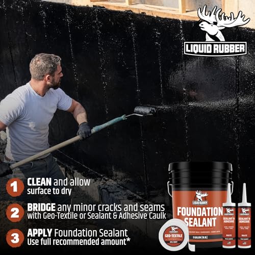 Liquid Rubber Foundation Sealant - Basement Waterproof Sealer, Black, 5 Gal | Flexible Elastomeric Coating - Crack Filler, Leak Repair, Basement Waterproofing Solution, Indoor/Outdoor Use, DIY Protection