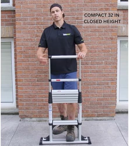 Telesteps 12ES Telescoping A-Frame Ladder – 8 ft Height, 12 ft Reach | Type 1AA 375 lb Rated | Compact Folding Aluminum Ladder with Stair Offset