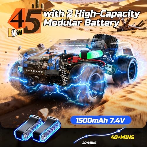 DEERC 1:12 Fast RC Cars 45KPH, 4WD High Speed Short Course RC Truck, Off-Road All Terrain Remote Control Car with 2 Batteries & Spare Tire