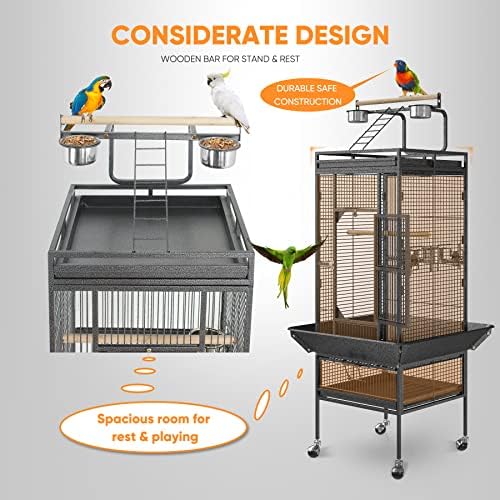 68 inch Iron Bird Cage, Play Top Parrot Cage with Rolling Stand for Parrot Cockatiels Parakeet Cage Macaw Finch Cockatoo Perch Pet House, Black