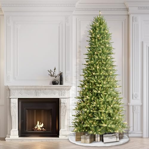 Puleo International 7.5ft Pre-Lit Slim Fraser Christmas Tree with 500 Warm White LED Lights, 1453 Realistic Dense Branch Tips, Easy Setup Artificial Trees with Sturdy Metal Stand