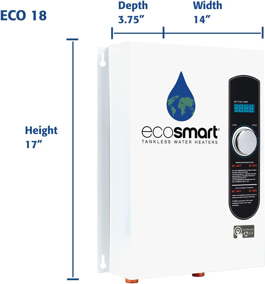 EcoSmart ECO 18 Electric Tankless Water Heater, 18 KW at 240 Volts with Patented Self Modulating Technology , 17 x 14 x 3.5, White