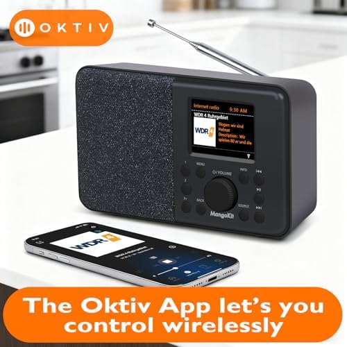 SR10 WiFi Radio, Bluetooth, FM & Internet, Walnut | 60 presets, dual alarms, colour display, OKTIV App control, podcast player, mains or AA battery, headphone jack, compact