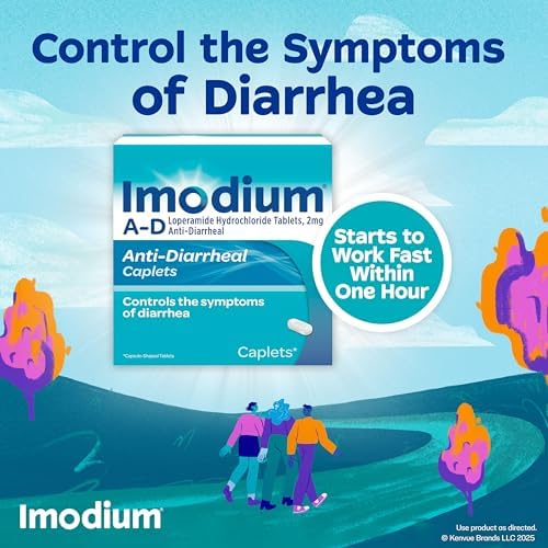 Imodium A-D Diarrhea Relief Caplets, 2mg Loperamide Hydrochloride, 24 Ct | Help Control Symptoms of Diarrhea, Due to Acute Traveler's Diarrhea, for Kids 6+ and Adults