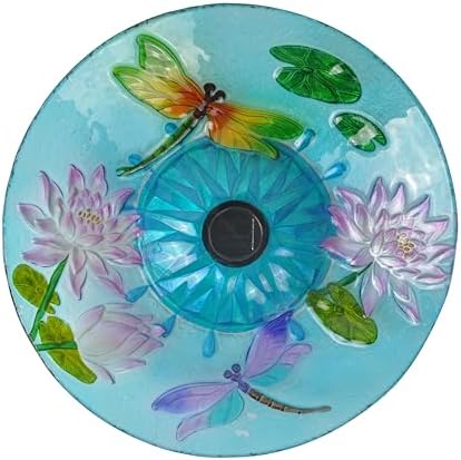 Teamson Home Handpainted Dragonfly Fusion Glass Solar Birdbath Bowl Feeder with LED Light for Outdoor Patio Garden Backyard Decking Decor