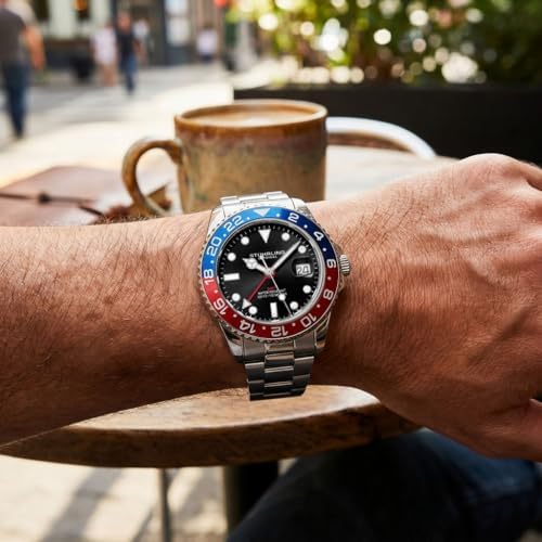 Stuhrling Original Men's Stainless Steel GMT Watch Quartz - 42mm Quartz Analog Wrist Watch for Men, Mens Quartz Watch, Stainless Steel Case